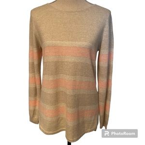 TWO BEES CASHMERE SWEATER CREWNECK TAN WHITE PINK STRIPE LONG SLEEVE SIZE S